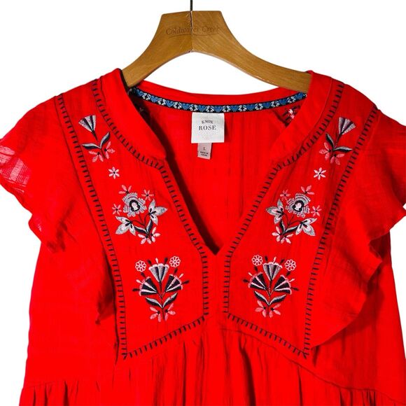 Knox Rose Womens Dress Red Ruffled Size L Cottagecore Peasant Boho Embroidered - Picture 3 of 7